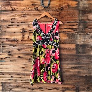 NANETTE LEPORE | Silk Pink & Green Embellished Beaded V-Neck Mini Dress 8